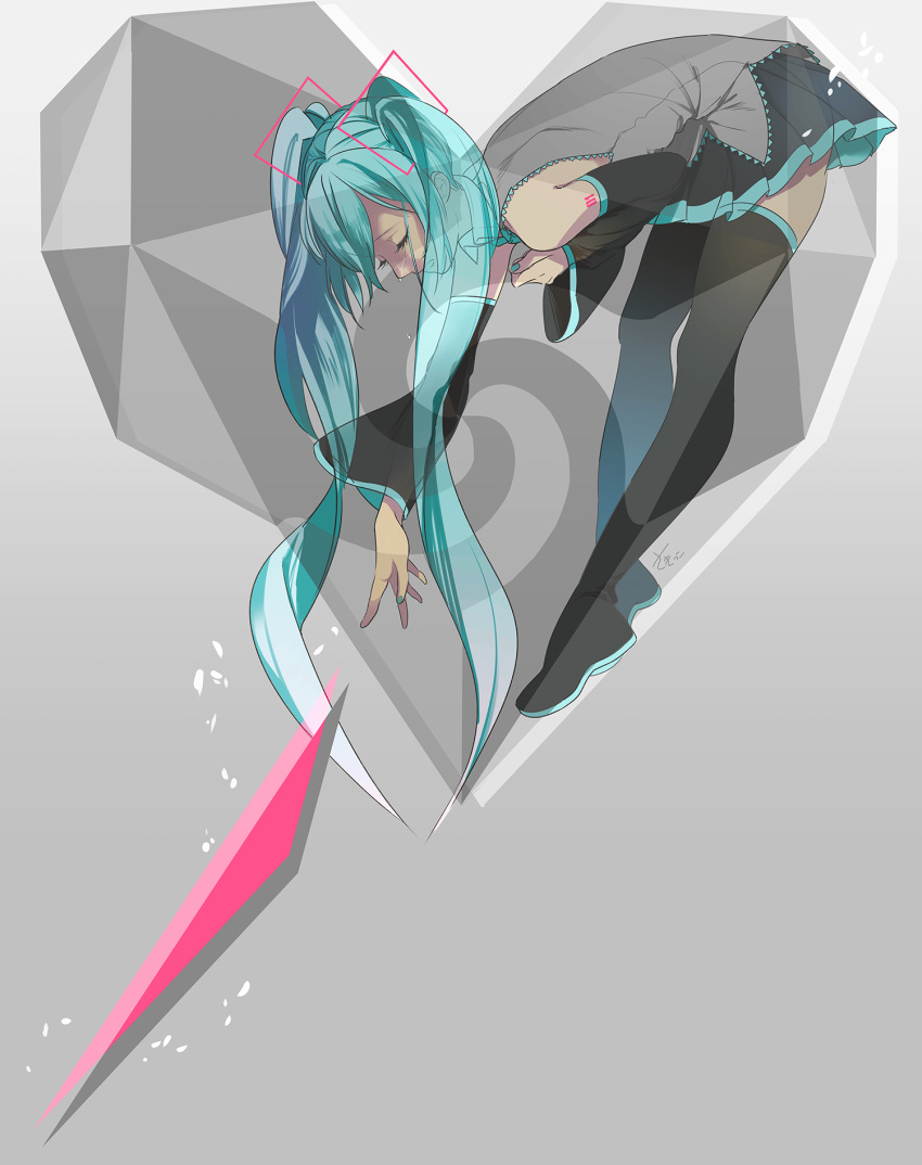 bare_shoulders bent_over black_skirt black_thighhighs blue_hair blue_nails closed_eyes collared_shirt commentary crying detached_sleeves eyelashes female fingernails full_body grey_background grey_shirt grey_theme hair_between_eyes hands_on_own_chest hatsune_miku heart highres legs_together long_hair number_tattoo open_mouth outstretched_hand pleated_skirt reaching sakikko see-through shirt shoulder_tattoo sidelocks signature simple_background skirt sleeveless sleeveless_shirt solo streaming_tears tattoo tears thighhighs twintails unknown_mother_goose_(vocaloid) very_long_hair vocaloid zettai_ryouiki