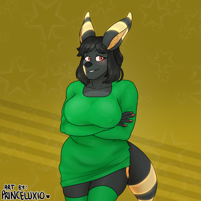 1:1 anthro arms_crossed_under_breasts big_breasts black_body black_fur black_hair blush breasts clothed clothing colored_nails crossed_arms eeveelution female fur generation_2_pokemon green_clothing hair hi_res huge_breasts legs_together legwear long_hair looking_away multicolored_body multicolored_fur nails nintendo nipple_outline pantsless partially_clothed pokemon pokemon_(species) pokemorph puppeon red_eyes simple_background slightly_chubby slightly_chubby_female stockings sweater thigh_highs topwear trans_(lore) trans_woman_(lore) umbreon vera_(puppeon)