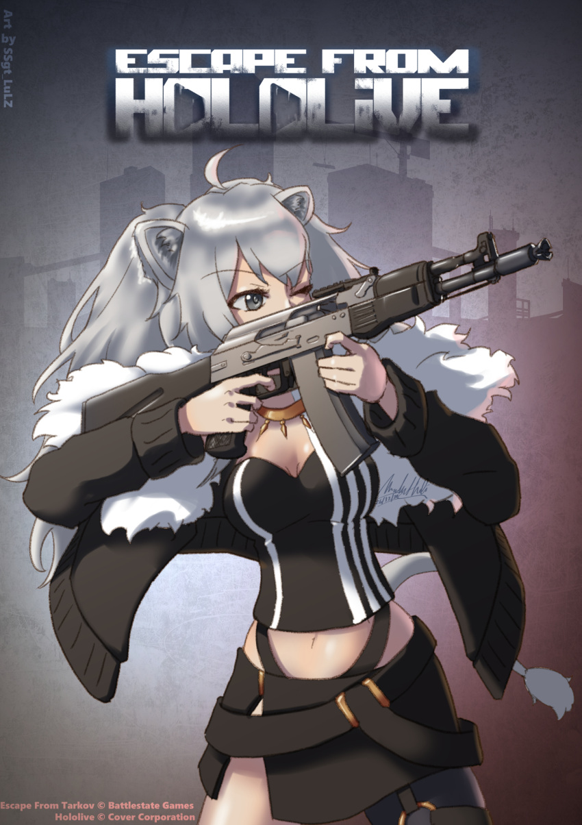 adidas ahoge aiming ak-105 animal_ears artist_name assault_rifle breasts building cleavage commentary crane_(machine) crossover dated english_commentary english_text escape_from_tarkov female fur-trimmed_jacket fur_trim grey_eyes grey_hair gun highres holding holding_gun holding_weapon hololive jacket jewelry large_breasts lion_ears lion_girl lion_tail long_hair magazine_(weapon) navel necklace one_eye_closed parody rifle see-through see-through_cleavage shirt shishiro_botan shishiro_botan_(1st_costume) signature skyscraper solo ssgt-lulz tail virtual_youtuber weapon