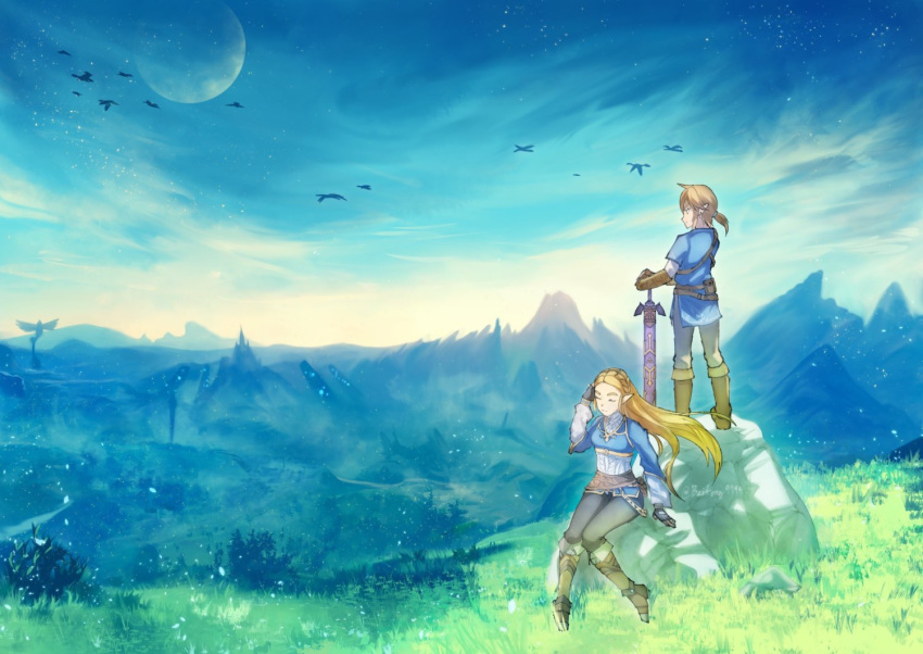 2018 ambiguous_gender avian baitong9194 blonde_hair boots breath_of_the_wild clothing detailed_background female footwear gloves grass group hair handwear humanoid humanoid_pointy_ears hylian link long_hair male master_sword melee_weapon moon mountain nintendo not_furry plant ponytail princess_zelda rock sitting sword the_legend_of_zelda weapon