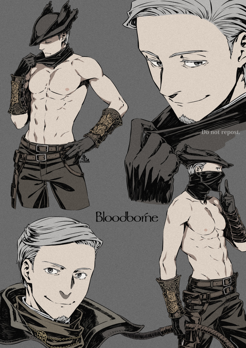 1boy abs bare_shoulders belt bloodborne brown_belt brown_gloves brown_headwear brown_pants closed_mouth copyright_name facial_hair frown gloves goatee grey_hair hat highres hunter_(bloodborne) kamezaemon male_focus multiple_views navel pants short_hair smile topless_male tricorne