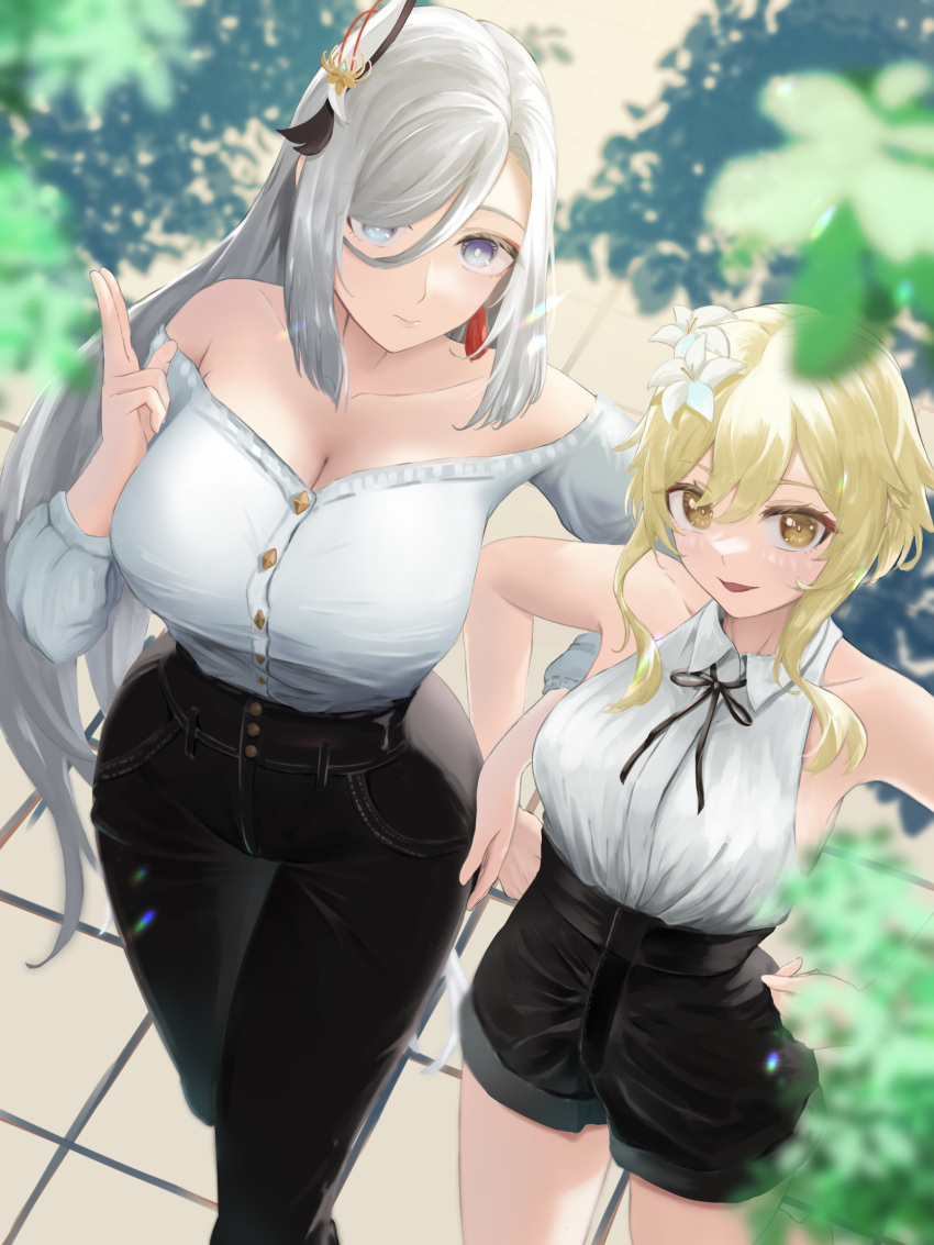 2girls absurdres alternate_costume black_pants black_ribbon black_shorts blonde_hair blue_eyes blurry blurry_foreground breasts cleavage commentary_request denim earrings flower from_above genshin_impact grey_hair hair_flower hair_ornament hair_over_one_eye hands_on_own_hips highres jewelry large_breasts light_rays long_hair looking_up lumine_(genshin_impact) multiple_girls neck_ribbon off-shoulder_shirt off_shoulder open_mouth outdoors pants ribbon shadow shenhe_(genshin_impact) shirt shirt_tucked_in shorts sleeveless smile sunbeam sunlight tassel tassel_earrings yellow_eyes yumeto_(ym-1)