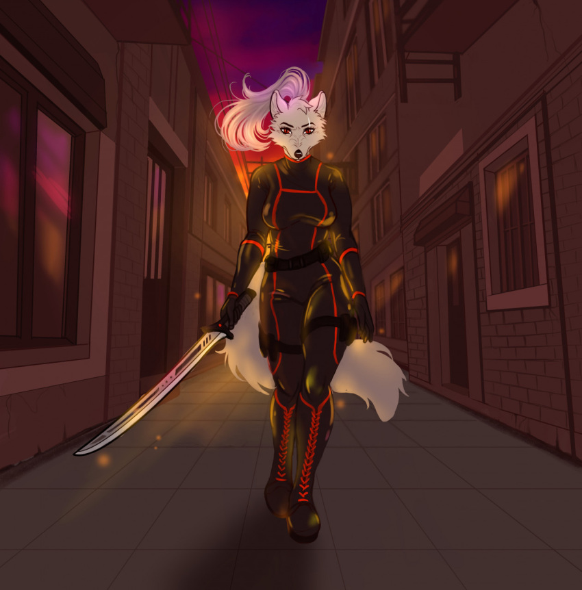 2022 5_fingers alley anthro arctic_fox black_nose bodysuit boots breasts canid canine cinnameana clothed clothing digital_media_(artwork) eye_scar facial_scar female fingers footwear fox fur gloves hair handwear hi_res holding_melee_weapon holding_object holding_sword holding_weapon humanoid_hands inner_ear_fluff looking_at_viewer mammal melee_weapon murmur_(slanda) outside ponytail red_eyes scar skinsuit solo sunset sword tight_clothing true_fox tuft walking weapon white_body white_fur white_hair