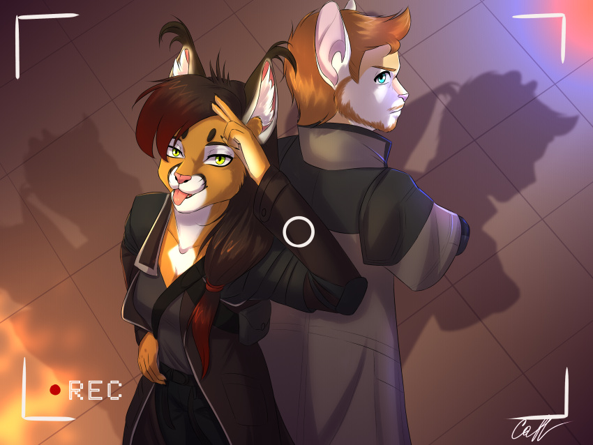 4:3 absurd_res anthro caracal caracal_(genus) claire_felicitous_(calidan) cosplay detroit:_become_human duo elon_flow_(calidan) felid feline female gesture green_eyes hi_res jailianireis long_coat looking_at_viewer male mammal recording salute southern_grasshopper_mouse stern_look teal_eyes tongue tongue_out