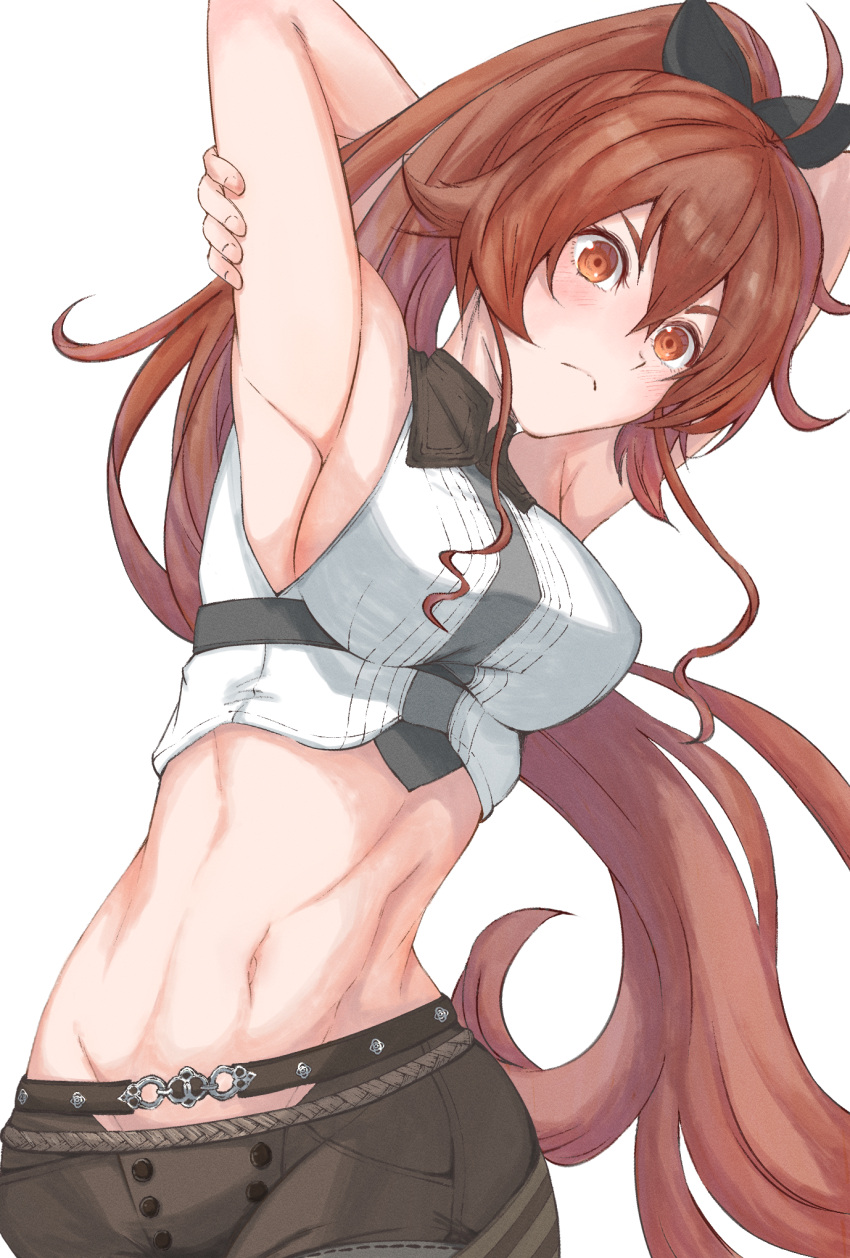 aged_up ahoge armpits arms_behind_head arms_up bare_shoulders black_ribbon blush breasts brown_shorts closed_mouth commentary_request cowboy_shot crop_top crossed_bangs eris_greyrat female frown groin hair_between_eyes hair_ribbon highres large_breasts long_hair looking_at_viewer midriff mushoku_tensei navel ponytail red_eyes red_hair ribbon saico_isshin shirt shorts sideboob sidelocks simple_background sleeveless sleeveless_shirt solo standing thick_eyebrows twisted_torso very_long_hair white_background white_shirt