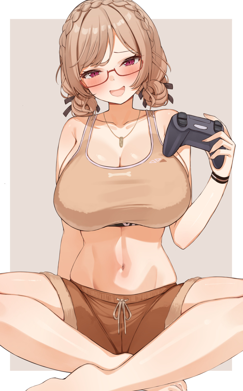 :d absurdres bare_arms bare_legs bare_shoulders barefoot breasts brown_hair brown_shorts choco_tanuki cleavage controller crop_top female furen_e_lustario furen_e_lustario_(5th_costume) game_controller glasses head_tilt highres holding holding_controller holding_game_controller indian_style large_breasts looking_at_viewer midriff navel nijisanji purple_eyes red-framed_eyewear short_hair short_shorts shorts sitting smile solo sports_bra stomach thighs virtual_youtuber