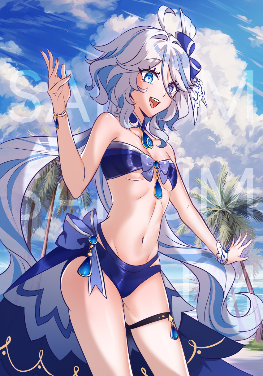 :d absurdres ahoge bandeau bare_arms bare_shoulders beach bikini blue_bikini blue_bow blue_eyes blue_hair blue_sky bow breasts cloud commentary cowboy_shot day detached_collar english_commentary female furina_(genshin_impact) genshin_impact hairbow hand_up highres long_hair looking_at_viewer multicolored_hair navel no_headwear ocean open_mouth outdoors palm_tree safium sky small_breasts smile solo standing stomach strapless strapless_bikini streaked_hair swimsuit thigh_strap thighs tree very_long_hair water white_hair wrist_cuffs