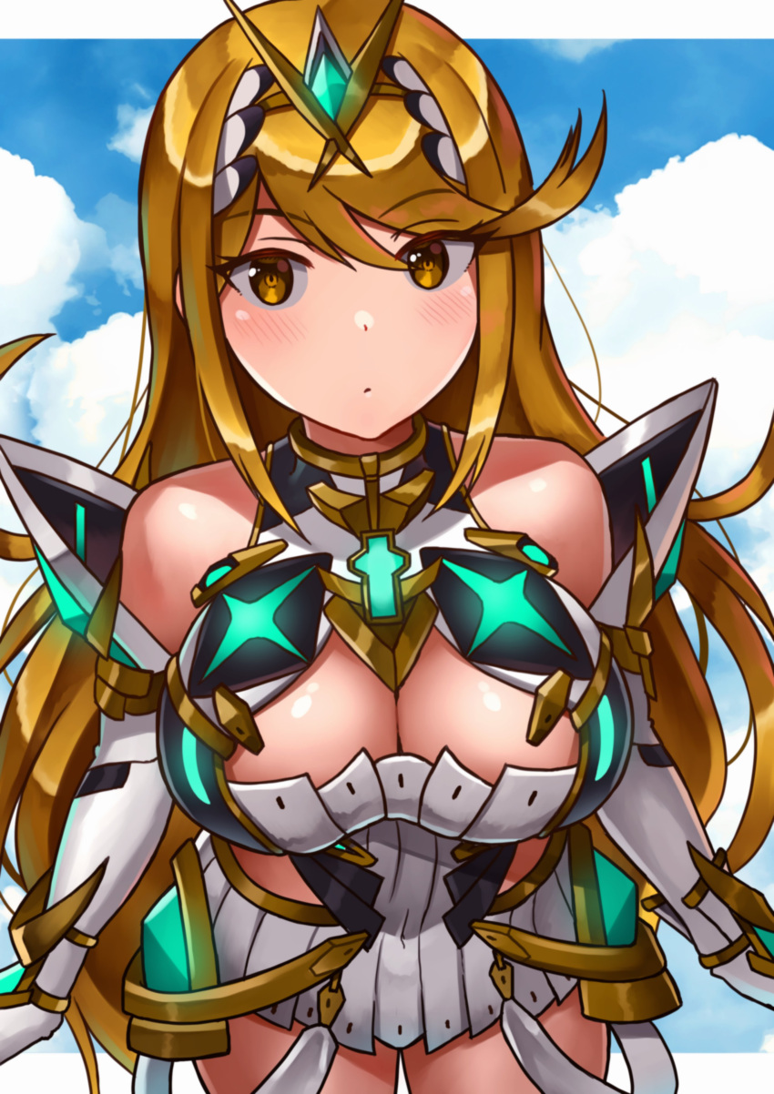 absurdres blonde_hair breasts cleavage_cutout clothing_cutout cloud cloudy_sky cowboy_shot expressionless female highres jewelry large_breasts long_hair looking_at_viewer mythra_(xenoblade) off_shoulder oniisan02b sky swept_bangs very_long_hair xenoblade_chronicles_(series) xenoblade_chronicles_2 yellow_eyes