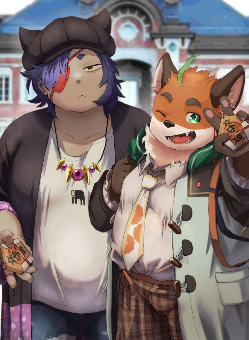 absurd_res ahoge anthro belly canid canine clothing duo eye_patch eyewear fox fur hair hat headgear headwear hi_res human iyo_(tamacolle) male male/male mammal necktie one_eye_closed orange_body orange_fur overweight purple_hair reo_oil tamacolle wink