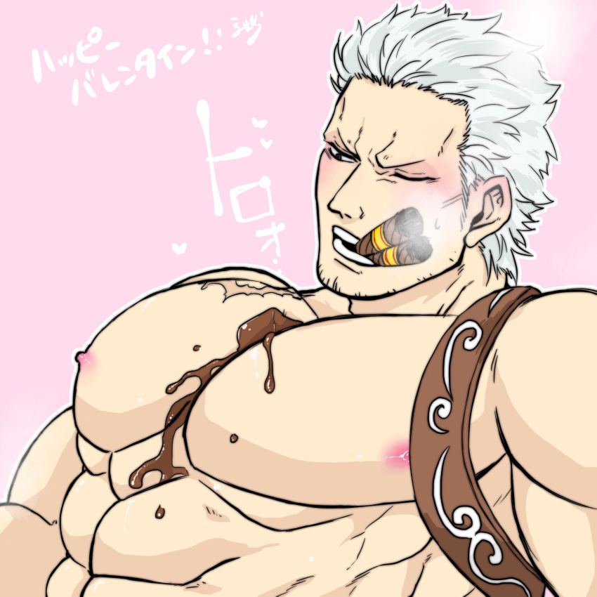 1boy bara blush chocolate chocolate_on_body chocolate_on_pectorals cigar facial_hair food_on_body highres large_pectorals male_focus mature_male medium_sideburns melting muscular muscular_male one_eye_closed one_piece pectoral_focus pectorals pink_background scar scar_on_chest short_hair sideburns_stubble smoker_(one_piece) solo sparse_stubble stubble translation_request tsurime upper_body valentine white_hair wol_1014