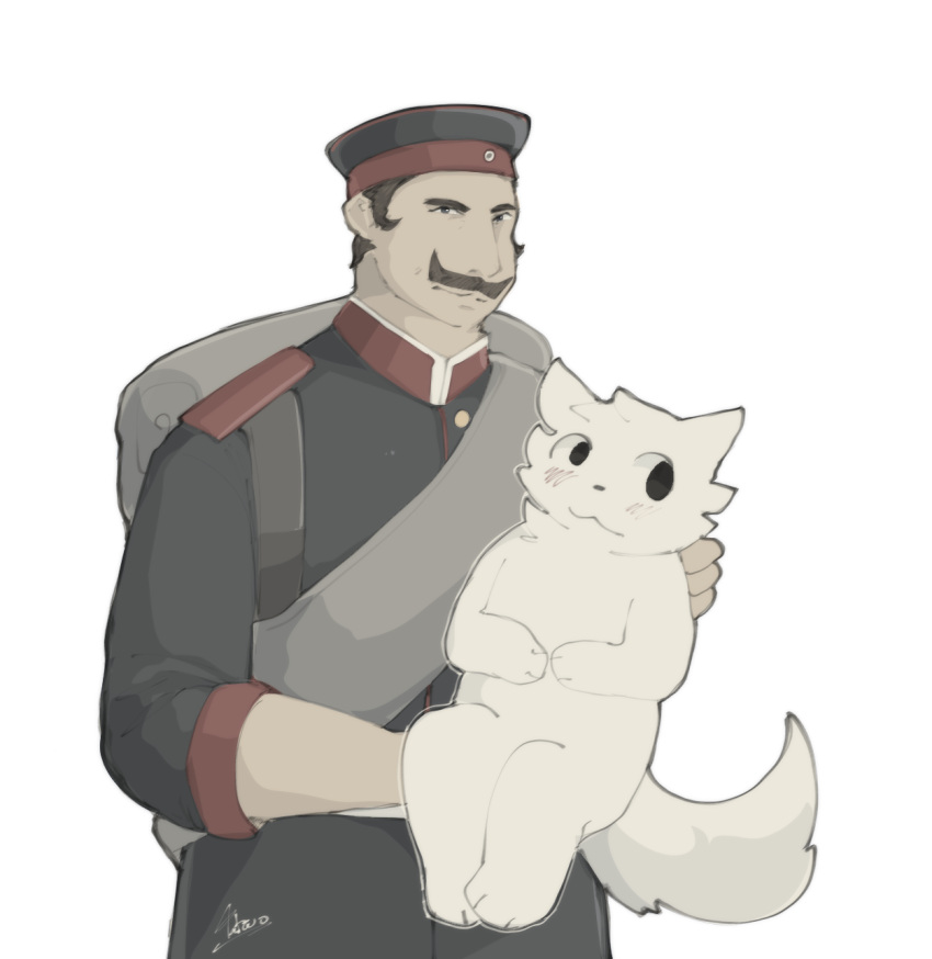 1800s 3_toes backpack boy_kisser_(meme) callmetatsuo clothing domestic_cat duo facial_hair feet felid feline felis friedrich_wilhelm_viktor_albert fur headgear hi_res historical_people human male male/male mammal meme military moustache politics real_world russian_soldier shitpost silly_cat_(mauzymice) simple_background soldier toes uniform warrior what white_background white_body white_fur