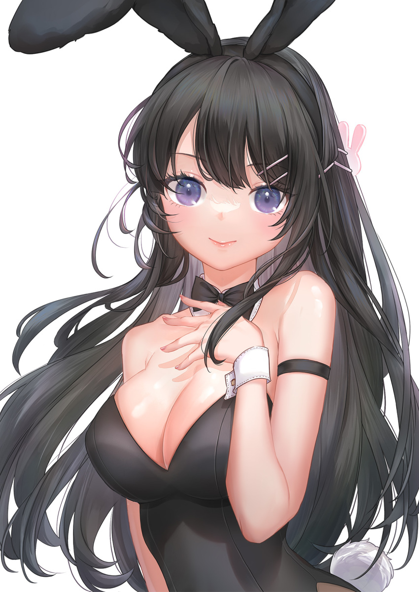 animal_ears armband bare_shoulders black_bow black_bowtie black_hair black_leotard black_theme blue_eyes bow bowtie breasts cleavage closed_mouth detached_collar eyelashes fake_animal_ears fake_tail female fingernails hair_ornament hairband hairclip hand_up highres large_breasts leotard lipstick long_hair looking_at_viewer makeup playboy_bunny purple_eyes rabbit_ears rabbit_hair_ornament rabbit_tail sakurajima_mai seishun_buta_yarou silentcity simple_background skindentation smile solo strapless strapless_leotard tail traditional_bowtie upper_body white_background wrist_cuffs