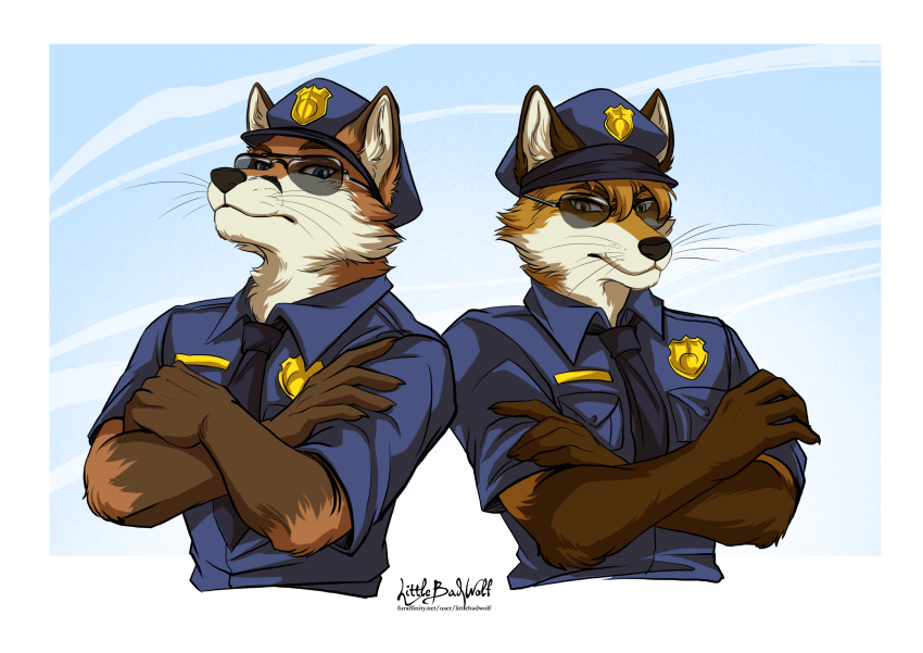 absurd_res anthro back_to_back badge biggoodwolf black_nose blue_clothing blue_eyes blue_shirt blue_topwear canid canine cheek_tuft clothed clothing collared_shirt crossed_arms dipstick_arms dipstick_ears doppelfoxx dress_shirt duo ear_markings ears_up eyewear facial_tuft fluffy_arms fox fur glasses hi_res jakkals_van_der_bergh_(doppelfoxx) littlebadwolf male male/male mammal multicolored_ears neck_tuft necktie orange_body orange_eyes orange_fur police police_badge police_hat police_officer police_uniform scott_(scottthefox94) shirt shoulder_to_shoulder signature simple_background sky sunglasses topwear tuft uniform whiskers white_background yellow_eyes