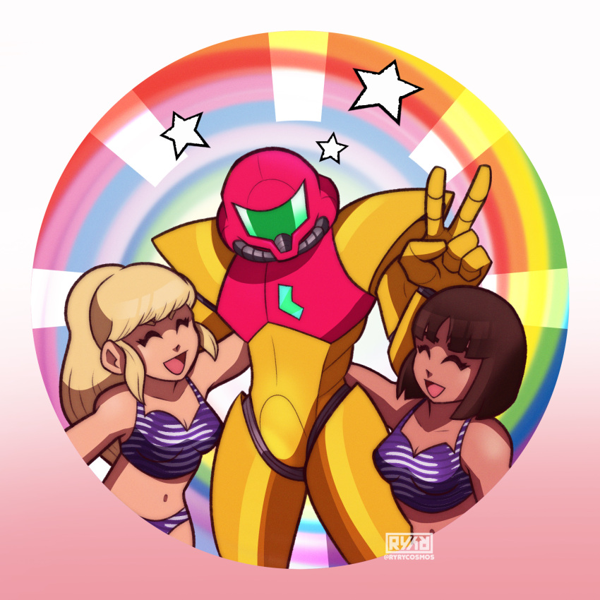 3girls arm_around_waist armor artist_name assault_visor bikini blonde_hair breasts brown_hair commentary english_commentary green_visor helmet highres lgbt_pride looking_at_viewer metroid metroid_(classic) multiple_girls navel power_armor power_suit_(metroid) rainbow ryrycosmos samus_aran smile standing stomach striped_bikini striped_clothes swimsuit twitter_username v yuri