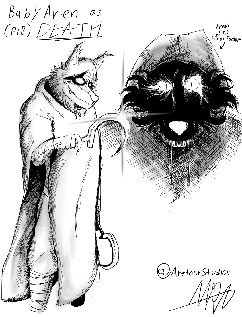 absurd_res anthro aren_ace_armmen babyaren black_body canid canine canis clothing cosplay costume crossover crossover_cosplay death_(puss_in_boots) domestic_dog dreamworks english_text fursuit hi_res hood human humanoid male mammal mario_bros mask monochrome nintendo puss_in_boots_(dreamworks) scary scary_face shine_sprite sickle simple_background solo super_mario_sunshine text weapon wolf