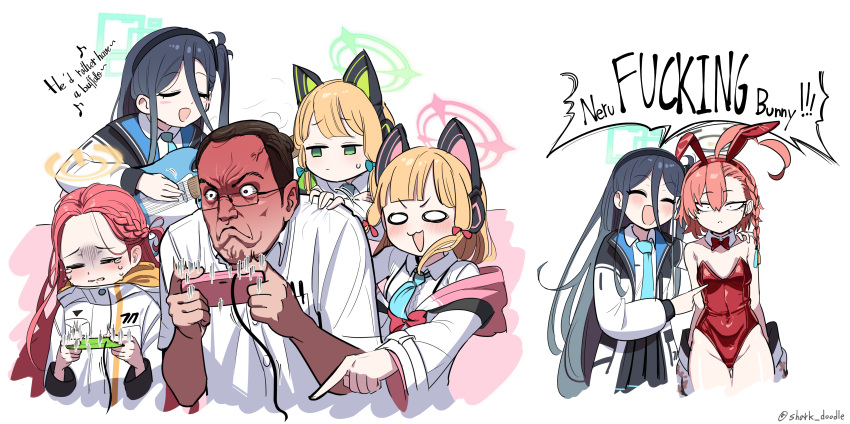 1boy 5girls absurdly_long_hair absurdres anger_vein angry angry_video_game_nerd animal_ear_headphones animal_ears aris_(blue_archive) bare_shoulders blonde_hair blue_archive blue_necktie bow bowtie braid breasts brown_hair cat_ear_headphones closed_mouth collarbone collared_shirt commentary_request constricted_pupils controller covered_navel crossover crying detached_collar doodle_shark electric_guitar english_text engrish_text fake_animal_ears forehead game_controller game_development_department_(blue_archive) guitar halo headphones highres holding holding_controller holding_game_controller instrument jacket james_rolfe korean_commentary leotard long_hair midori_(blue_archive) mixed-language_commentary mole mole_under_eye momoi_(blue_archive) multiple_girls necktie neru_(blue_archive) neru_(bunny)_(blue_archive) official_alternate_costume one_side_up open_mouth orange_hair parted_bangs playing_games playing_guitar pointing profanity ranguage red_bow red_bowtie red_leotard shirt short_hair short_sleeves small_breasts smile sukajan swept_bangs traditional_bowtie twitter_username very_long_hair white_jacket white_shirt yuzu_(blue_archive)