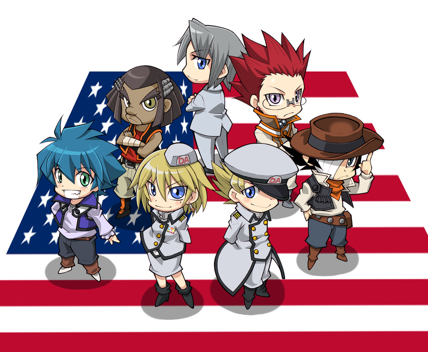 6+boys american_flag amon_garam austin_o'brien bandage_over_one_eye black_hair blonde_hair blue_eyes blue_hair blush breasts chibi commentary_request crossed_arms dark_skin david_rabb edo_phoenix female flag flag_background formal green_eyes grey_hair grin hat highres jim_crocodile_cook johan_andersen multiple_boys red_hair reggie_mackenzie school_uniform smile united_states yu-gi-oh! yu-gi-oh!_gx yuuki212