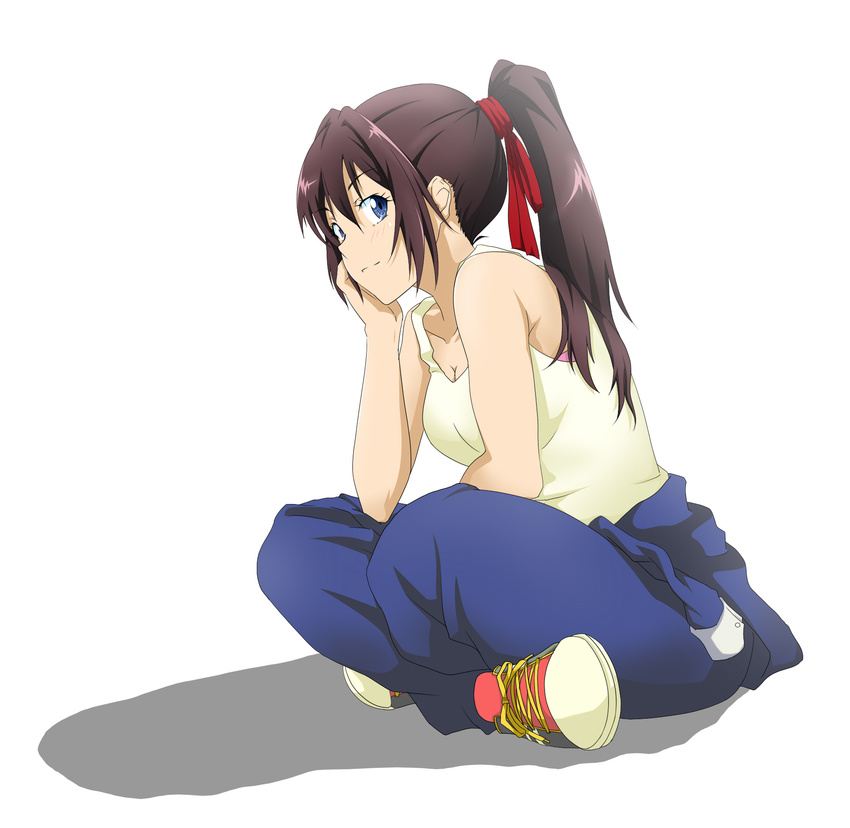 akou_(phoenix777) alternate_costume blue_eyes blush bra breasts brown_hair cleavage commentary_request contemporary female full_body hair_ribbon hand_on_own_cheek hand_on_own_face highres long_hair medium_breasts oda_nobuna_no_yabou ponytail ribbon shibata_katsuie_(oda_nobuna_no_yabou) shoes simple_background sitting smile sneakers solo underwear white_background