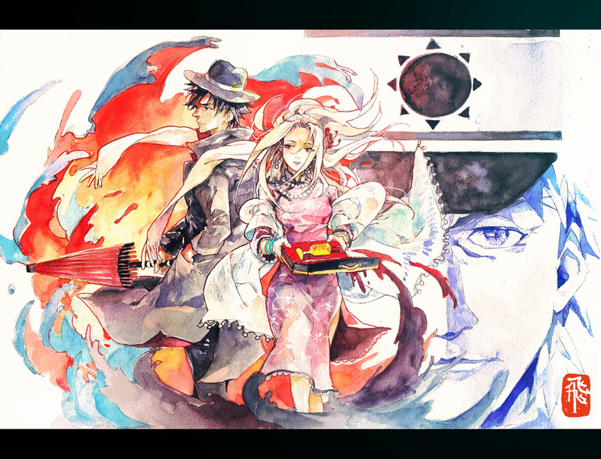 1boy black_hair chinese_clothes chinese_commentary commentary emblem emiya_kiritsugu fate/zero fate_(series) fedora female fire hat irisviel_von_einzbern kuomintang long_hair painting_(medium) red_eyes scarf shenzhideng taiwan traditional_media umbrella watercolor_(medium) white_hair