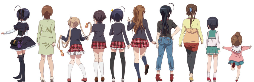 6+girls ahoge artist_request ass back bag black_hair black_leggings black_socks black_thighhighs blazer blue_hair blue_legwear bow bra_strap brown_hair chuunibyou_demo_koi_ga_shitai! clenched_hand dekomori_sanae denim dress everyone facing_away folded_ponytail formal frilled_legwear frills from_behind gothic_lolita hair_ornament hair_ribbon hairbow half_updo hand_on_own_ass hand_on_own_face hand_on_own_hip handbag high_heels high_ponytail highres holding holding_own_hair icho_private_high_school_uniform index_finger_raised jacket jeans kneehighs kneepits leggings light_brown_hair lineup lolicon lolita_fashion long_hair long_sleeves mature_female miniskirt multiple_girls nibutani_shinka office_lady one_side_up outstretched_arm outstretched_arms pants pantyhose pencil_skirt petticoat plaid plaid_skirt pleated_skirt ponytail puffy_sleeves ribbon running school_uniform scrunchie see-through see-through_legwear serafuku shirt shoes short_dress short_hair short_sleeves simple_background skirt skirt_suit sneakers socks spread_arms standing suit sweater t-shirt takanashi_rikka takanashi_touka taut_clothes teacher thighhighs togashi_kuzuha togashi_yumeha togashi_yuuta's_mother tsukumo_nanase tsuyuri_kumin twintails very_long_hair white_socks