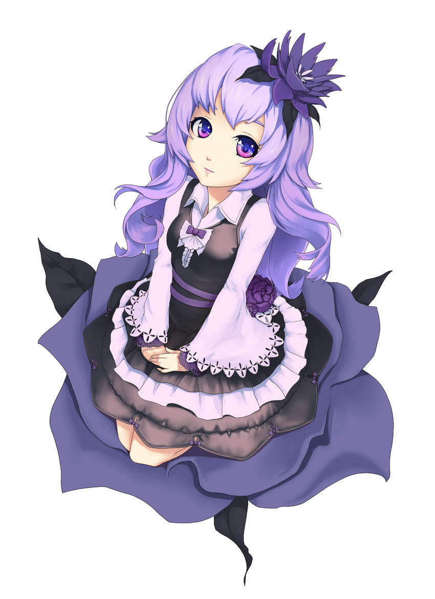 chinese_commentary commentary_request dress female flower from_above gothic_lolita hair_flower hair_ornament highres lolita_fashion long_hair original partial_commentary purple_eyes purple_hair rose simple_background sitting solo weien white_background