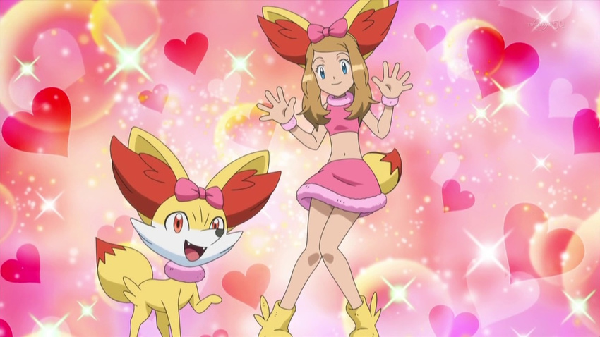 animal_ears blonde_hair cosplay fake_animal_ears fennekin fennekin_(cosplay) midriff navel pokemon pokemon_(anime) pokemon_(game) pokemon_xy ribbon screencap serena_(pokemon) skirt