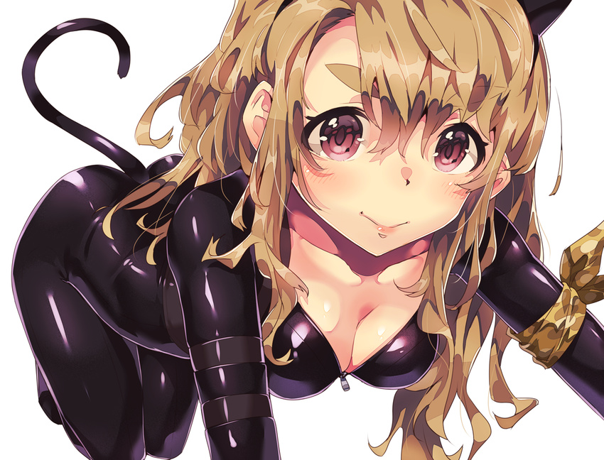 all_fours animal_ears arm_ribbon arm_strap ass bad_id bad_twitter_id blush bodysuit breasts brown_hair camouflage camouflage_ribbon cat_ears cat_tail catsuit cleavage collarbone fake_animal_ears fake_tail female hair_between_eyes hairband idolmaster idolmaster_million_live! light_smile long_hair looking_at_viewer medium_breasts miyao_miya narumi_arata purple_eyes ribbon shiny_clothes sidelocks simple_background smile solo tail thick_eyebrows wavy_hair white_background zipper