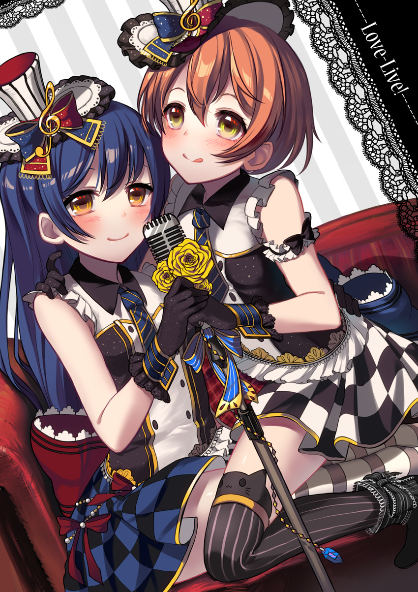 2girls :q animal_ear_legwear animal_print bad_id bad_pixiv_id bare_shoulders black_gloves black_legwear blue_hair blush brown_eyes brown_hair cafe_maid_(love_live!) cat_ear_legwear cat_print collared_shirt couch fuyuzima gloves hair_between_eyes hat highres hoshizora_rin long_hair love_live! love_live!_school_idol_project microphone microphone_stand mini_hat multiple_girls necktie shirt short_hair sleeveless sleeveless_shirt smile sonoda_umi thighhighs tongue tongue_out top_hat yellow_eyes zettai_ryouiki