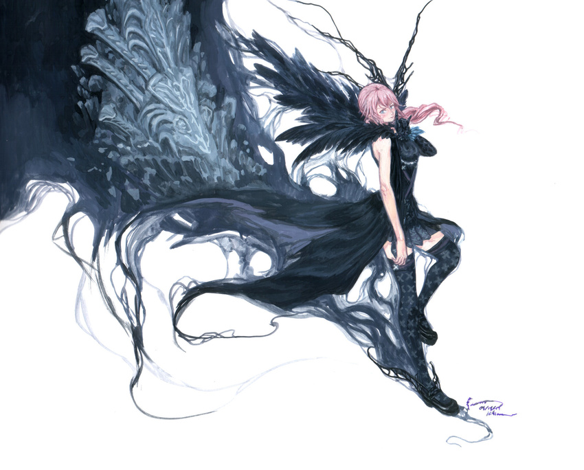 female final_fantasy final_fantasy_xiii gloves gothic_lolita highres lace_gloves lightning_returns:_final_fantasy_xiii lolita_fashion lumina_(ffxiii) nick-ian patterned_legwear pink_hair single_glove thighhighs