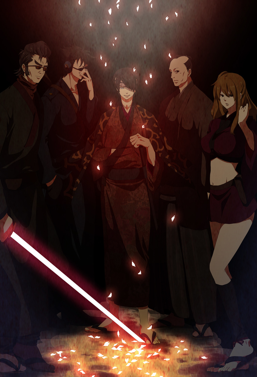 4boys commentary_request crop_top deco_(geigeki_honey) energy_sword female gintama highres japanese_clothes kawakami_bansai kijima_matako midriff multiple_boys nizou_okada sunglasses sword takasugi_shinsuke takechi_henpeita weapon