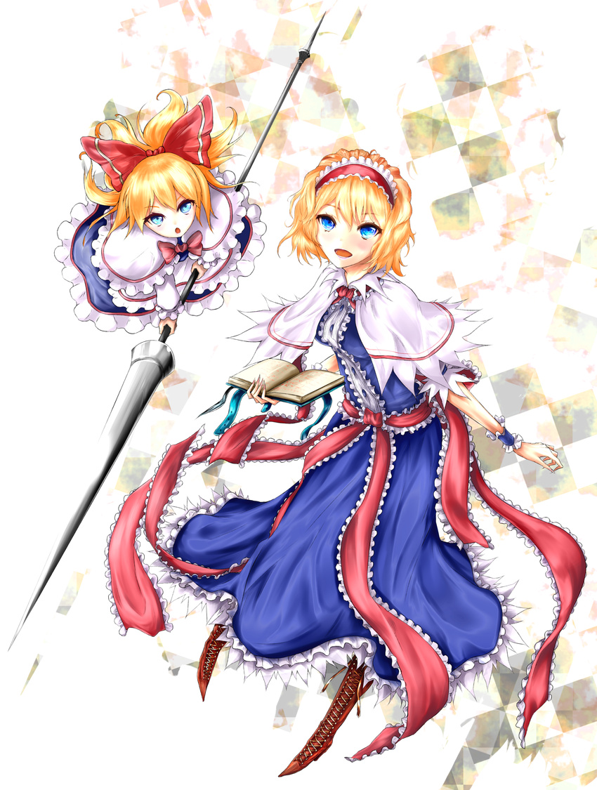 absurdres alice_margatroid ascot bad_id bad_pixiv_id blonde_hair blue_eyes capelet doll dress female hairband highres long_hair noah_(yakumo3903) open_mouth polearm ribbon shanghai_doll short_hair smile touhou weapon