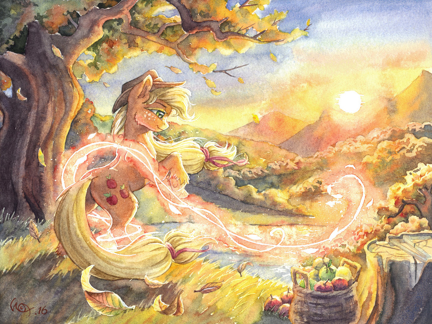 2016 apple applejack_(mlp) blonde_hair cutie_mark day detailed detailed_background equid female feral food friendship_is_magic fruit fur grass green_eyes hair hasbro hay hooves mammal my_little_pony nude orange_body orange_fur outside plant sky smile solo standing sun the-wizard-of-art traditional_media_(artwork) tree water