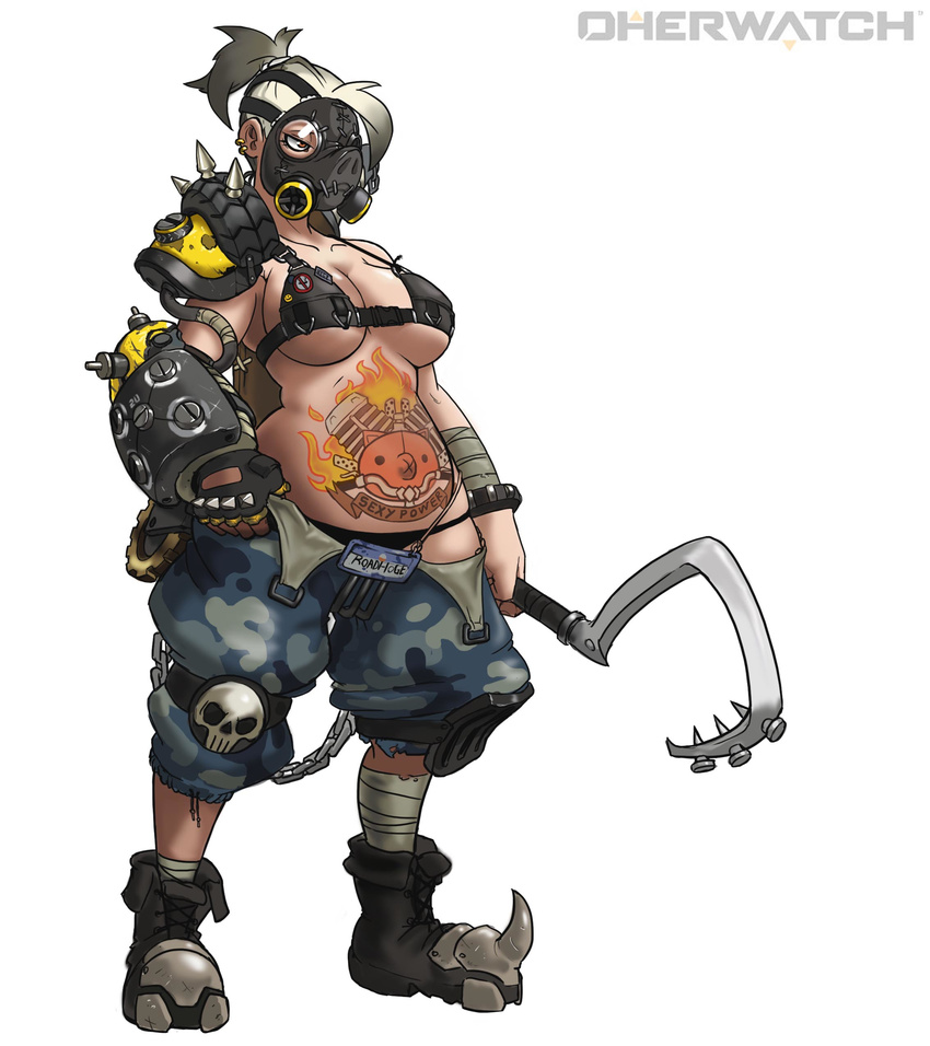 absurdres armor bandaged_arm bandaged_leg bandages black_bra black_panties bra breasts brown_eyes camouflage camouflage_shorts chains collarbone commentary earrings english_commentary female fingerless_gloves full_body gas_mask genderswap_(mtf) gloves highres holding hook jewelry large_breasts mask muhut navel overwatch overwatch_1 panties parody pauldrons photoshop_(medium) pig_tattoo plump ponytail roadhog_(overwatch) rule_63 short_hair shorts shoulder_armor simple_background single_glove single_pauldron skull solo spikes standing stomach_tattoo tattoo title_parody underwear white_background white_hair