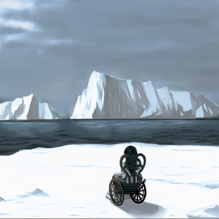 absurdres black_hair blue_sky commentary_request day dress female glacier highres ice long_hair long_sleeves ocean ohc. original outdoors sitting sky snow solo wheelchair white_dress winter