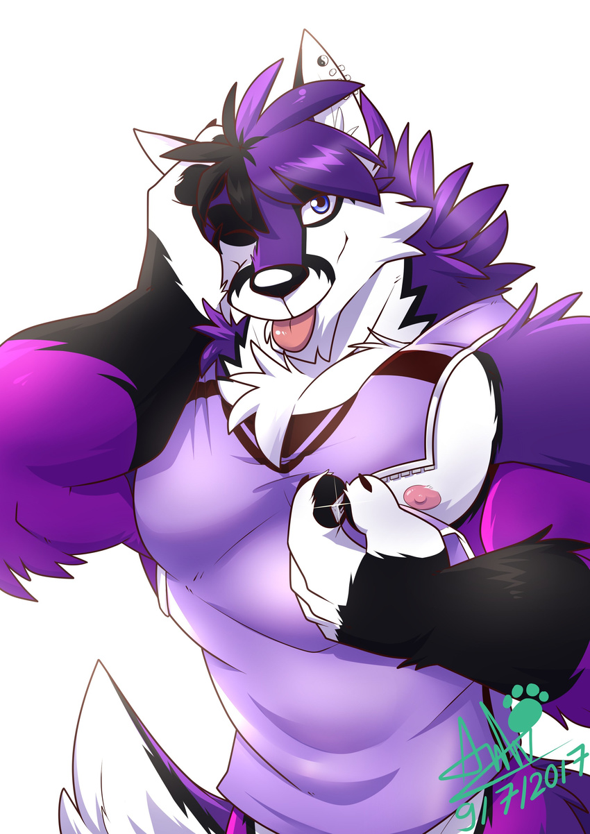 absurd_res anthro biceps black_hair black_nose blue_eyes canid canine canis clothing ear_piercing fox fur hair hi_res hybrid looking_at_viewer male mammal meme meme_clothing muscular muscular_anthro muscular_male nipple_zipper nipples oleola123 one_eye_closed pecs piercing purple_body purple_fur purple_hair shyloc simple_background smile solo tongue tongue_out top_tank_meme white_background white_body white_fur wink wolf