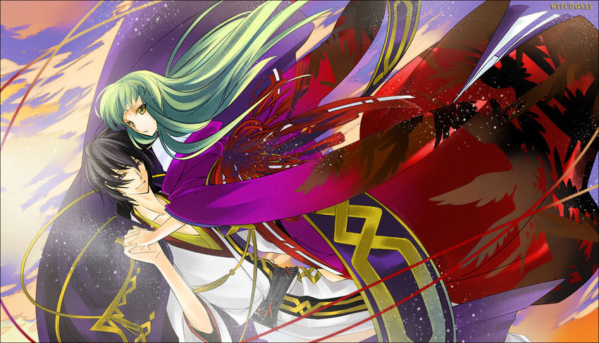 1boy black_hair c.c. cape cc clouds code_geass couple female female green_hair hand_holding highres holding_hands japanese_clothes kimono lelouch_lamperouge long_hair male purple_eyes short_hair sky violet_eyes witchonly yellow_eyes