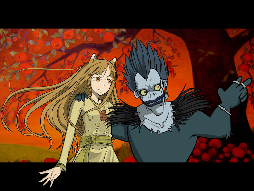 animal_ears apple brown_hair crossover death_note female food fruit highres holo horo long_hair meme outdoors outside_border outside_of_border ryuk shinigami spice_and_wolf sunset tree vector vector_trace wallpaper wolf_ears