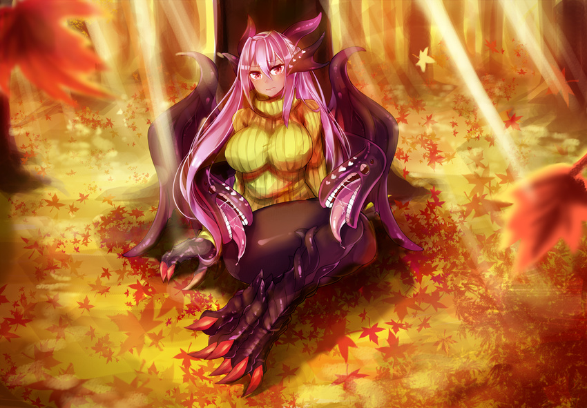 absurdres autumn bangs blush breasts claws dark_skin extra_mouth female frown hair_between_eyes heart heart highres horns jabberwock_(monster_girl_encyclopedia) large_breasts long_hair long_tongue looking_at_viewer monster_girl monster_girl_encyclopedia osiimi_(artist) pantyhose red_eyes solo striped_sweater sweater thick_thighs thighs tongue