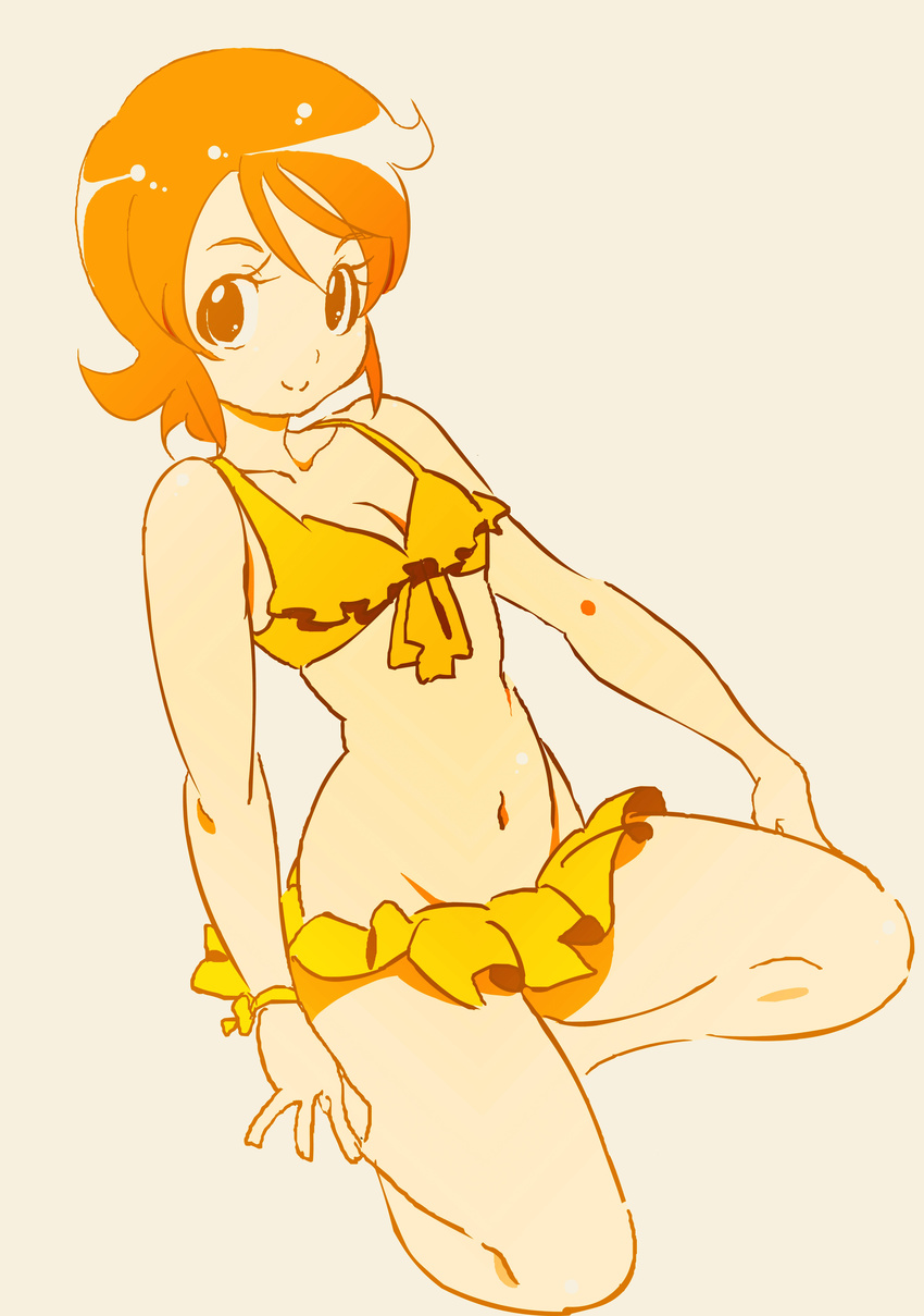 absurdres alternate_costume bad_id bad_twitter_id bikini bracelet breasts commentary_request female front-tie_top fujii_shingo happinesscharge_precure! highres jewelry kneeling looking_at_viewer monochrome navel oomori_yuuko precure short_hair simple_background small_breasts smile solo swimsuit