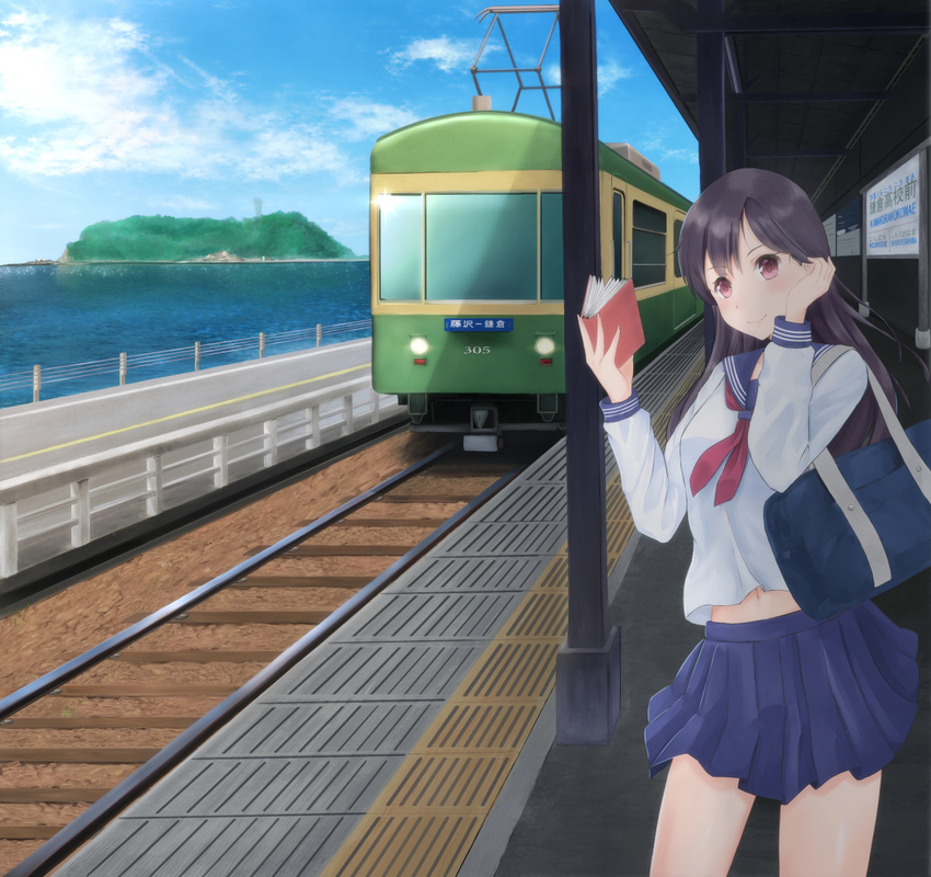 bag black_hair blue_bag blue_eyes blue_sailor_collar blue_skirt book closed_mouth cloud commentary_request day enoshima enoshima_electric_railway female fence ground_vehicle hand_up hands_up holding holding_book irohakaede island kamakura_(city) kanagawa long_hair long_sleeves looking_at_viewer navel neckerchief ocean original outdoors pantograph platform pleated_skirt railroad_tracks red_eyes red_neckerchief road sailor_collar school_bag school_uniform serafuku shoulder_bag sign skirt smile solo streetcar tactile_paving tower traffic_barrier train_station train_station_platform translation_request vehicle_focus