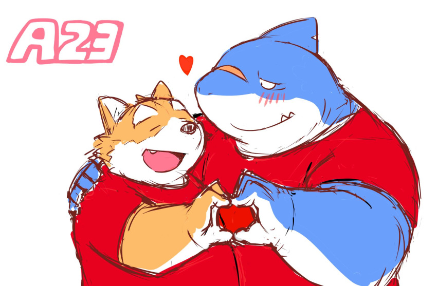 2016 anthro blue_body blue_fur canid canine canis closed_eyes clothing cute_fangs domestic_dog duo fish fur heart_symbol hi_res hug humanoid_hands male mammal marine overweight overweight_male scar sessa shark shirt simple_background topwear white_background