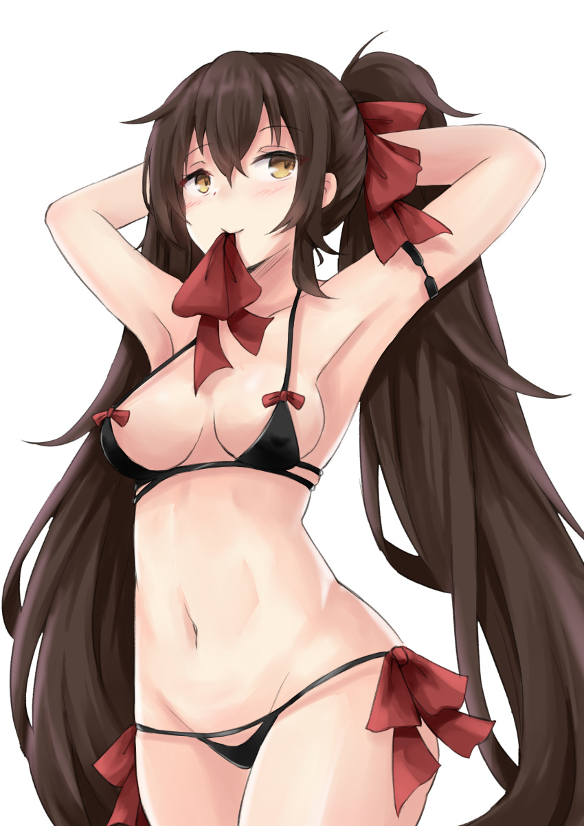 absurdres alternate_costume armpits arms_up bikini black_hair blush breasts brown_eyes chinese_commentary collarbone commentary_request covered_nipples cowboy_shot female girls'_frontline groin hair_between_eyes hair_ribbon hakuya_(white_night) highres hip_focus long_hair looking_at_viewer medium_breasts mouth_hold navel red_ribbon ribbon ribbon_in_mouth side-tie_bikini_bottom smile solo stomach swimsuit transparent_background twintails tying_hair type_97_(girls'_frontline) very_long_hair