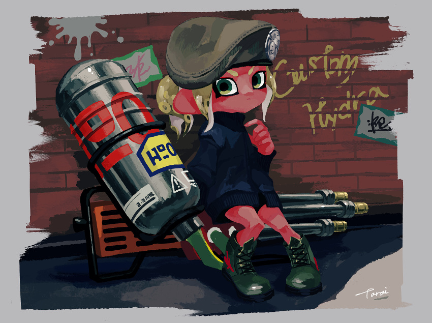 beret blue_coat boots brick_wall closed_mouth coat commentary_request cross-laced_footwear female frown full_body graffiti green_eyes green_footwear green_hair green_hat hand_up hat highres hydra_splatling_(splatoon) lace-up_boots light_green_hair long_sleeves looking_at_viewer octoling octoling_girl octoling_player_character paint_splatter pigeon-toed ponytail signature sitting solo splatoon_(series) splatoon_2 tarai_(silica5) tentacle_hair