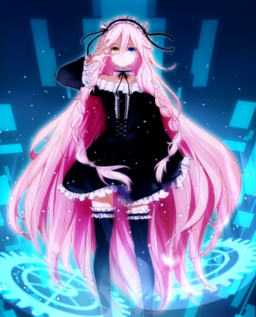 big_hair black_dress black_thighhighs blue_eyes collar collarbone commentary_request conone dress female gears gothic_lolita heterochromia highres ia_(vocaloid) lolita_fashion long_hair looking_at_viewer maid_headdress pink_hair solo thighhighs very_long_hair vocaloid yellow_eyes