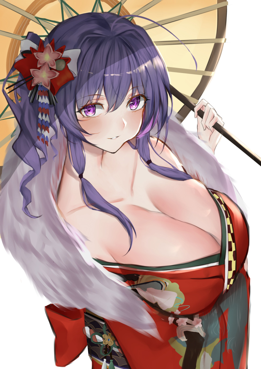 absurdres ahoge azur_lane blue_hair blush breasts cleavage commentary_request female flower fur_collar hair_between_eyes hair_flower hair_ornament highres holding holding_umbrella huge_breasts japanese_clothes kimono ljpwow long_hair long_sleeves looking_at_viewer obi official_alternate_costume oil-paper_umbrella parted_lips partial_commentary purple_eyes red_flower red_kimono sash sidelocks simple_background solo st._louis_(azur_lane) st._louis_(spirits_in_the_snow)_(azur_lane) umbrella white_background wide_sleeves