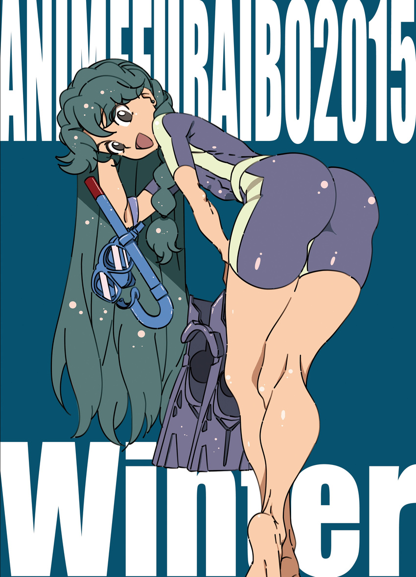 absurdres alternate_costume ass bent_over bodysuit brown_eyes commentary_request diving_mask diving_suit english_text female flippers fujii_shingo go!_princess_precure goggles green_eyes highres kaidou_minami looking_at_viewer looking_back precure smile snorkel solo wetsuit