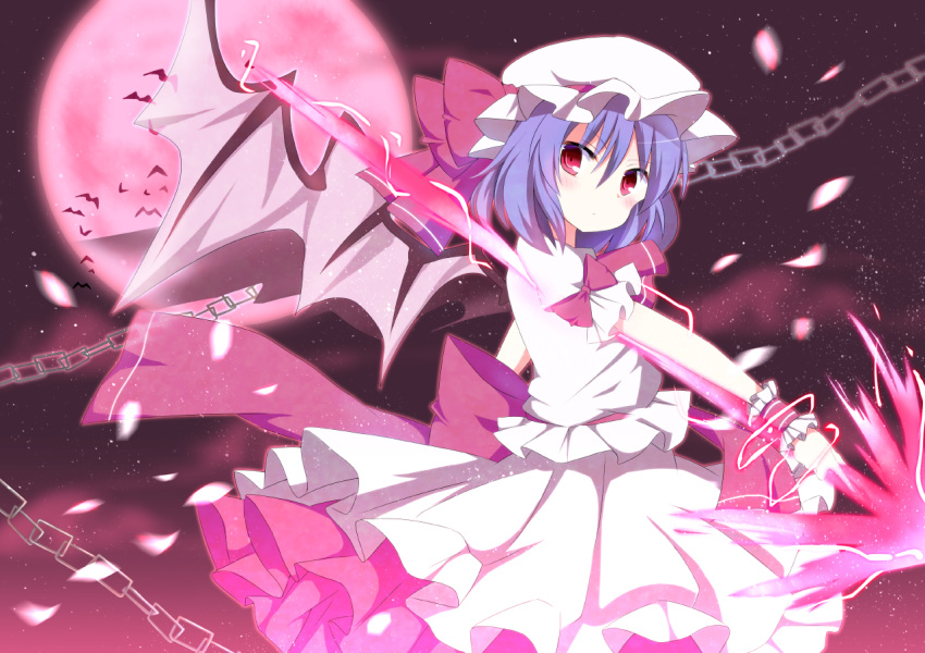 ashino back_bow bat_(animal) bat_wings blush bow chains commentary_request female frilled_hat frilled_sleeves frills from_side full_moon glowing hat hat_bow large_bow light_purple_hair looking_at_viewer looking_to_the_side mob_cap moon night night_sky outdoors pink_bow pink_sky pink_theme puffy_short_sleeves puffy_sleeves red_eyes remilia_scarlet short_hair short_sleeves sky solo star_(sky) starry_sky touhou wings wrist_cuffs