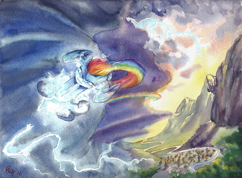 2016 canterlot detailed_background electricity equid equine feathered_wings feathers female feral flying friendship_is_magic hasbro lightning mammal my_little_pony mythological_creature mythological_equine mythology pegasus ponyville rainbow_dash_(mlp) solo the-wizard-of-art traditional_media_(artwork) wings