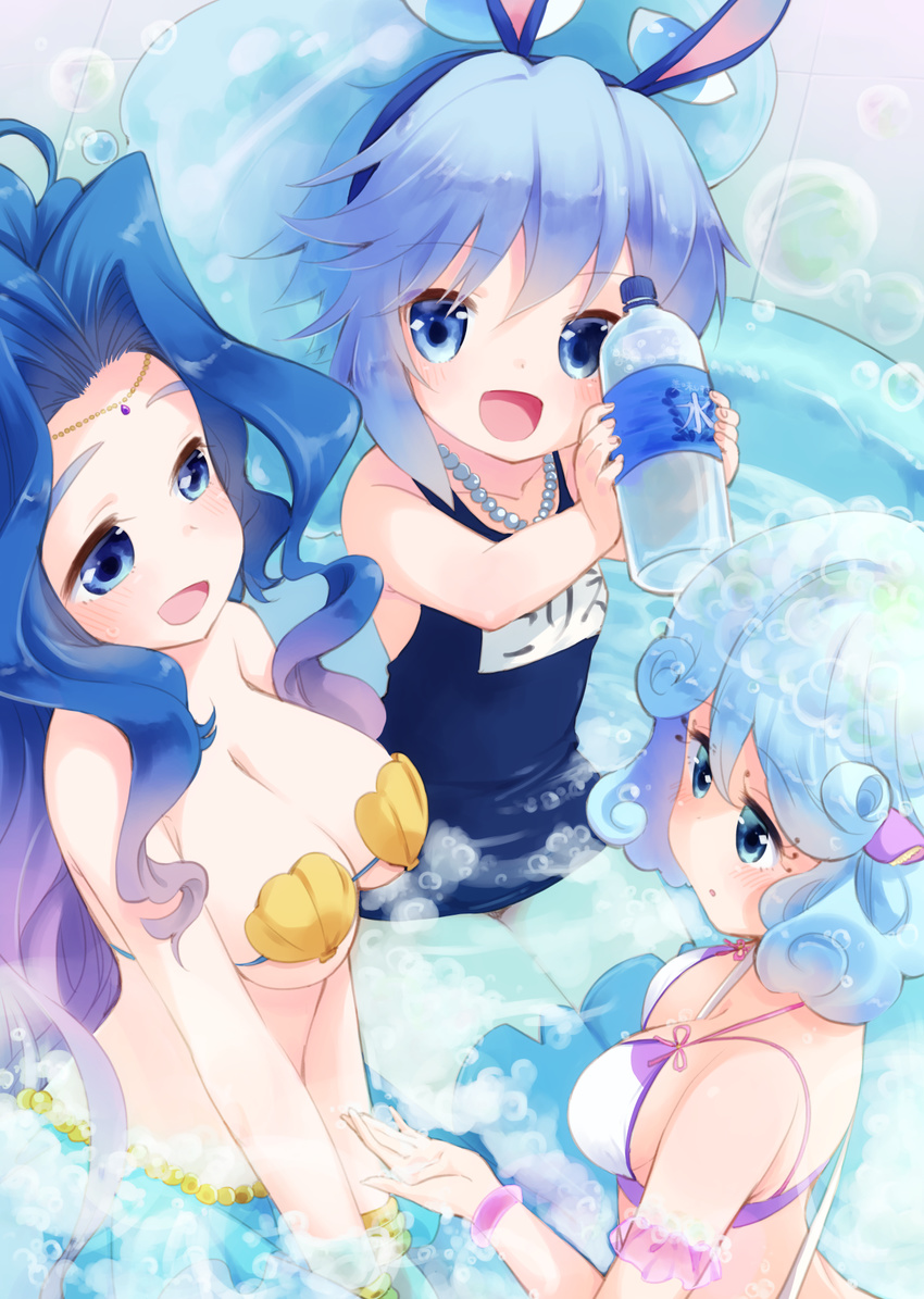 3girls :d blue_eyes blue_hair blush bottle commentary_request corriente_(show_by_rock!!) highres multiple_girls one-piece_swimsuit open_mouth school_swimsuit shabobon_(show_by_rock!!) shell shell_bikini show_by_rock!! smile swimsuit takano_natsuki water_bottle wendy_(show_by_rock!!)