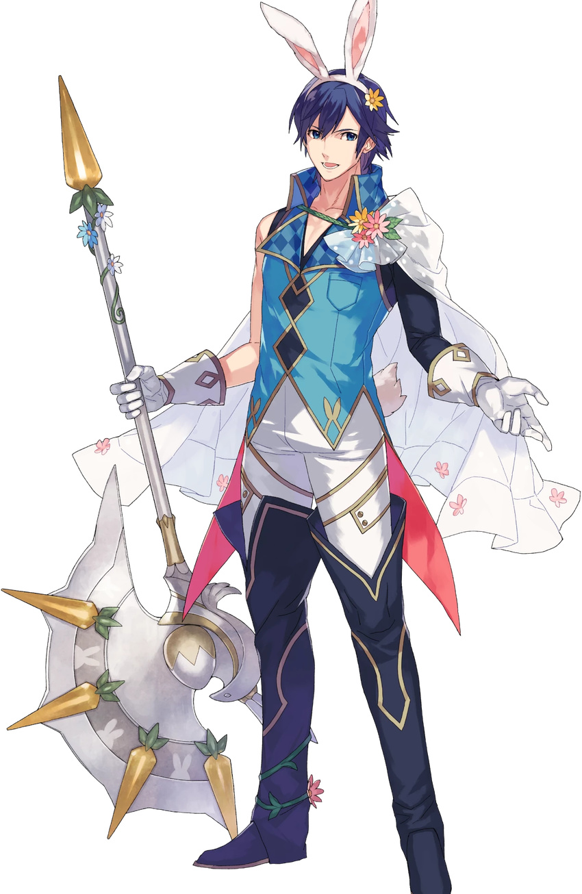 1boy animal_ears axe blue_eyes blue_hair cape chrom_(fire_emblem) chrom_(spring)_(fire_emblem) ebira fire_emblem fire_emblem_awakening fire_emblem_heroes full_body gloves highres male_focus official_art rabbit_ears smile solo transparent_background weapon